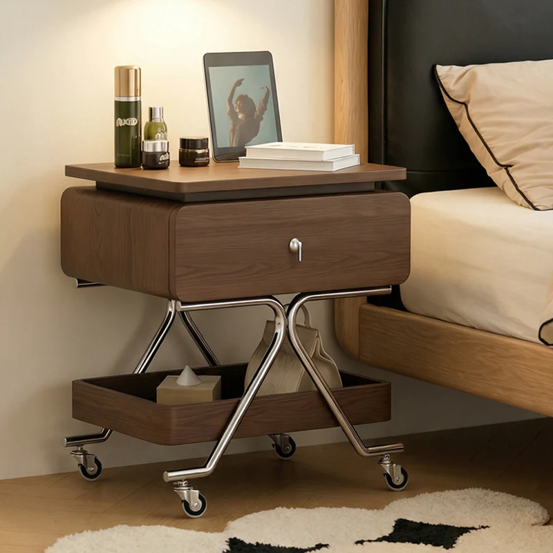 Contemporary Industrial Plywood Stainless Steel Faux Leather Rectangular Movable End Table 1-Drawer For Living Room & Bedroom
