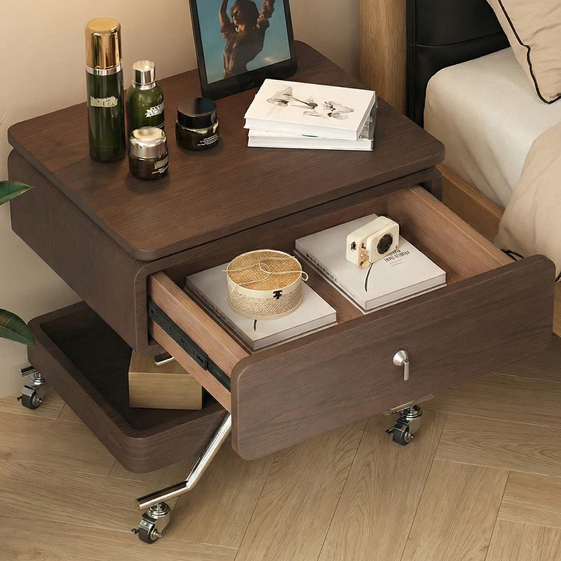 Contemporary Industrial Plywood Stainless Steel Faux Leather Rectangular Movable End Table 1-Drawer For Living Room & Bedroom
