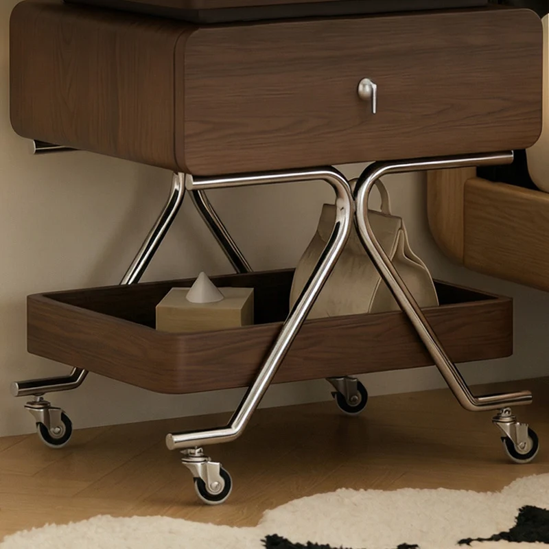 Contemporary Industrial Plywood Stainless Steel Faux Leather Rectangular Movable End Table 1-Drawer For Living Room & Bedroom
