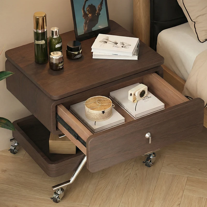 Contemporary Industrial Plywood Stainless Steel Faux Leather Rectangular Movable End Table 1-Drawer For Living Room & Bedroom