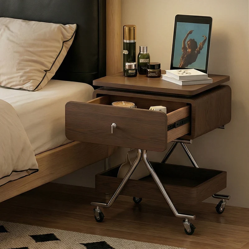 Contemporary Industrial Plywood Stainless Steel Faux Leather Rectangular Movable End Table 1-Drawer For Living Room & Bedroom