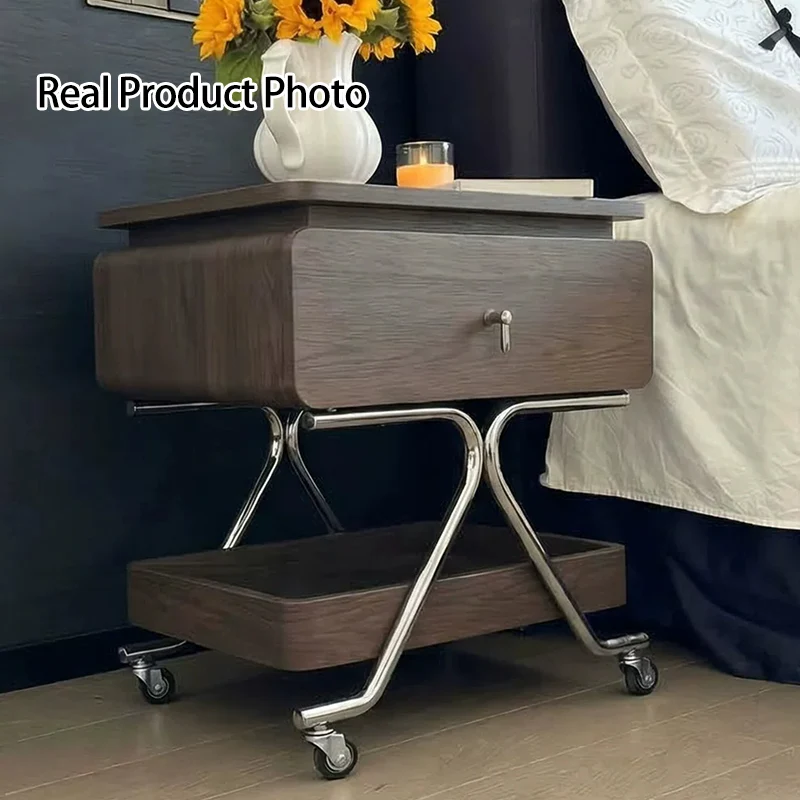 Contemporary Industrial Plywood Stainless Steel Faux Leather Rectangular Movable End Table 1-Drawer For Living Room & Bedroom
