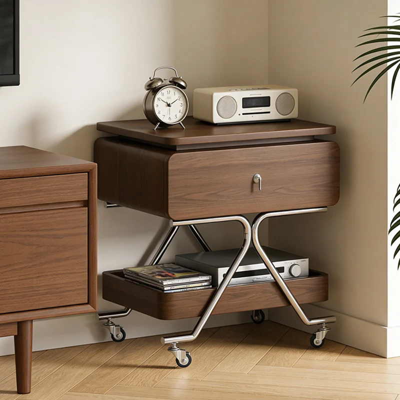 Contemporary Industrial Plywood Stainless Steel Faux Leather Rectangular Movable End Table 1-Drawer For Living Room & Bedroom