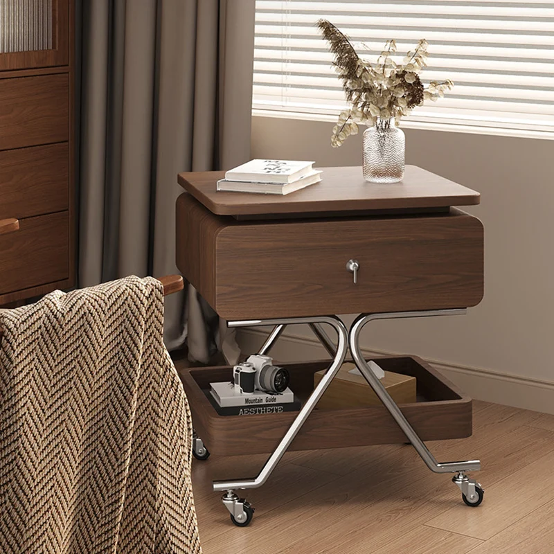 Contemporary Industrial Plywood Stainless Steel Faux Leather Rectangular Movable End Table 1-Drawer For Living Room & Bedroom