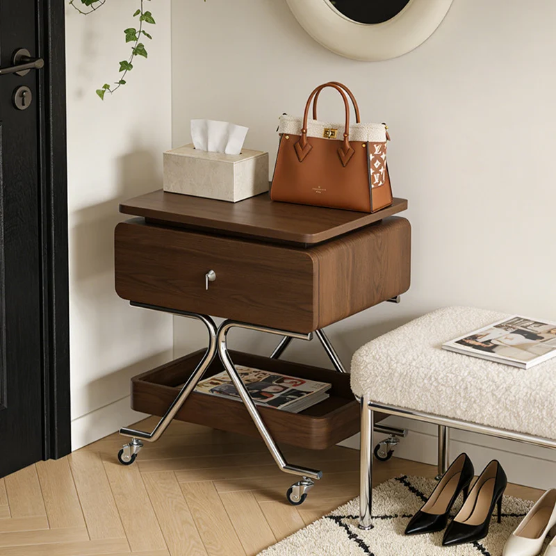 Contemporary Industrial Plywood Stainless Steel Faux Leather Rectangular Movable End Table 1-Drawer For Living Room & Bedroom