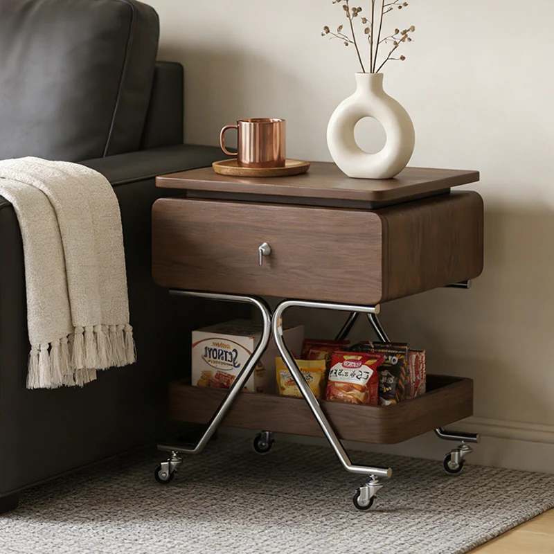 Contemporary Industrial Plywood Stainless Steel Faux Leather Rectangular Movable End Table 1-Drawer For Living Room & Bedroom