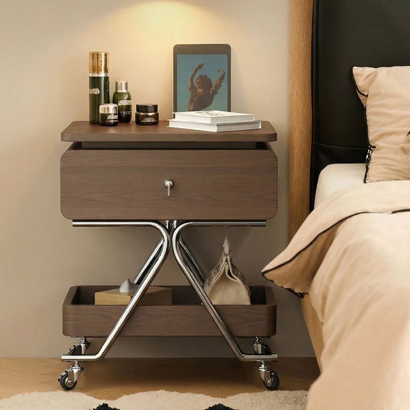 Contemporary Industrial Plywood Stainless Steel Faux Leather Rectangular Movable End Table 1-Drawer For Living Room & Bedroom