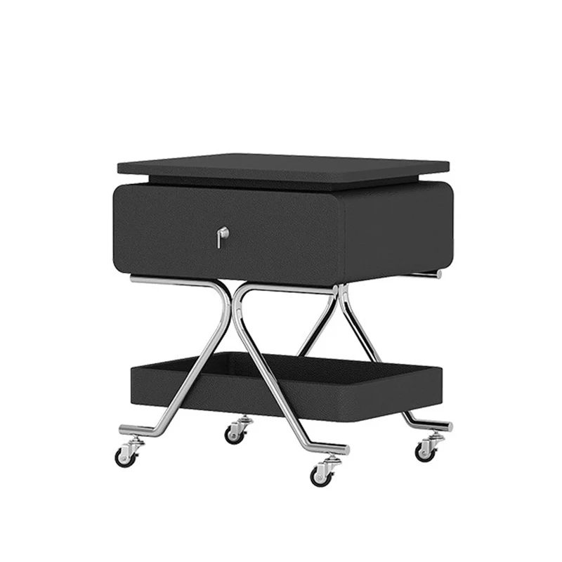 Contemporary Industrial Plywood Stainless Steel Faux Leather Rectangular Movable End Table 1-Drawer For Living Room & Bedroom