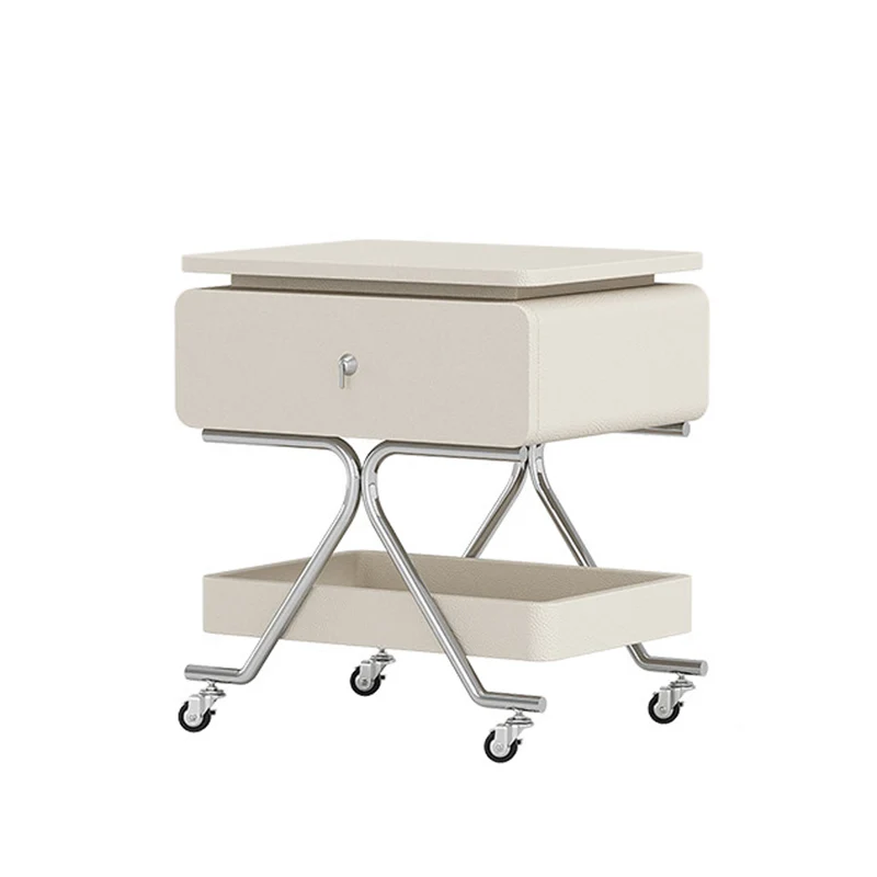 Contemporary Industrial Plywood Stainless Steel Faux Leather Rectangular Movable End Table 1-Drawer For Living Room & Bedroom