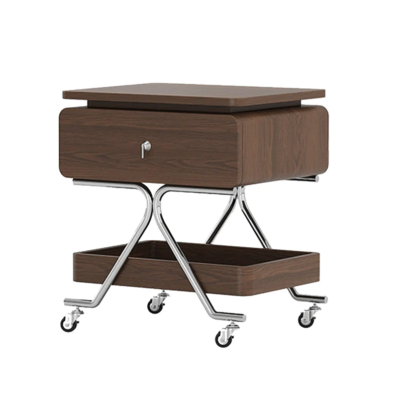 Contemporary Industrial Plywood Stainless Steel Faux Leather Rectangular Movable End Table 1-Drawer For Living Room & Bedroom