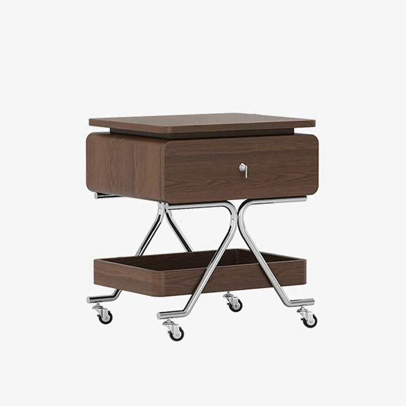Contemporary Industrial Plywood Stainless Steel Faux Leather Rectangular Movable End Table 1-Drawer For Living Room & Bedroom