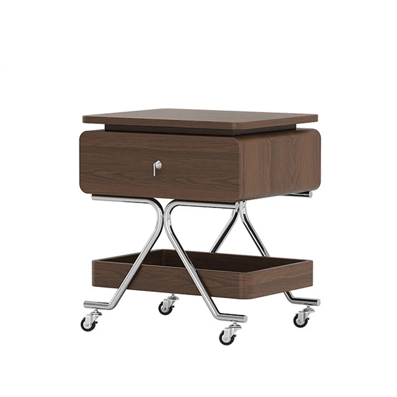 Contemporary Industrial Plywood Stainless Steel Faux Leather Rectangular Movable End Table 1-Drawer For Living Room & Bedroom
