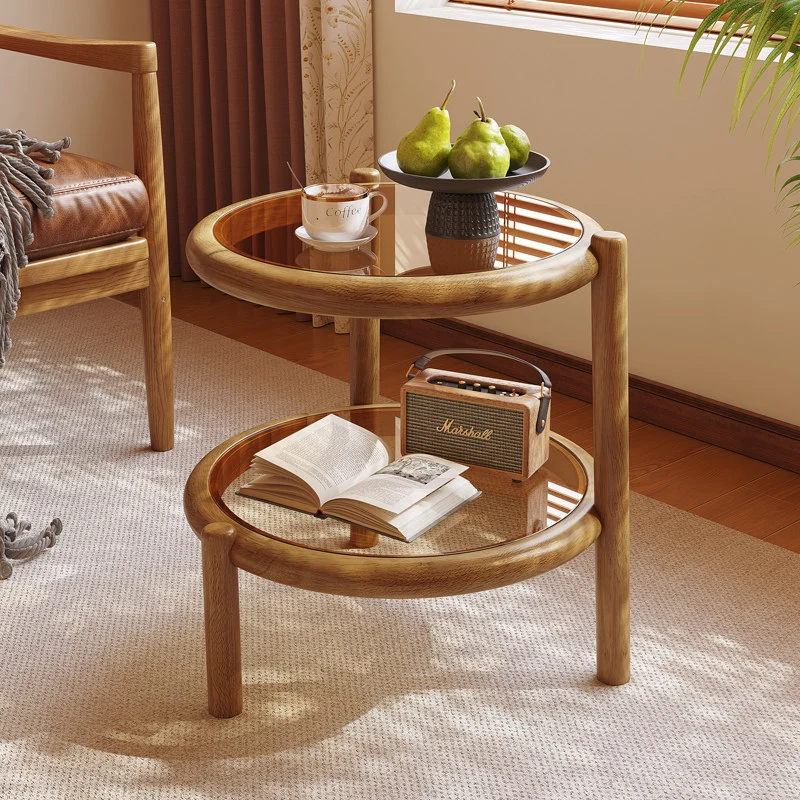 Traditional Rustic Plywood Removable Glass Tabletop Round End Table 2-Tier For Living Room