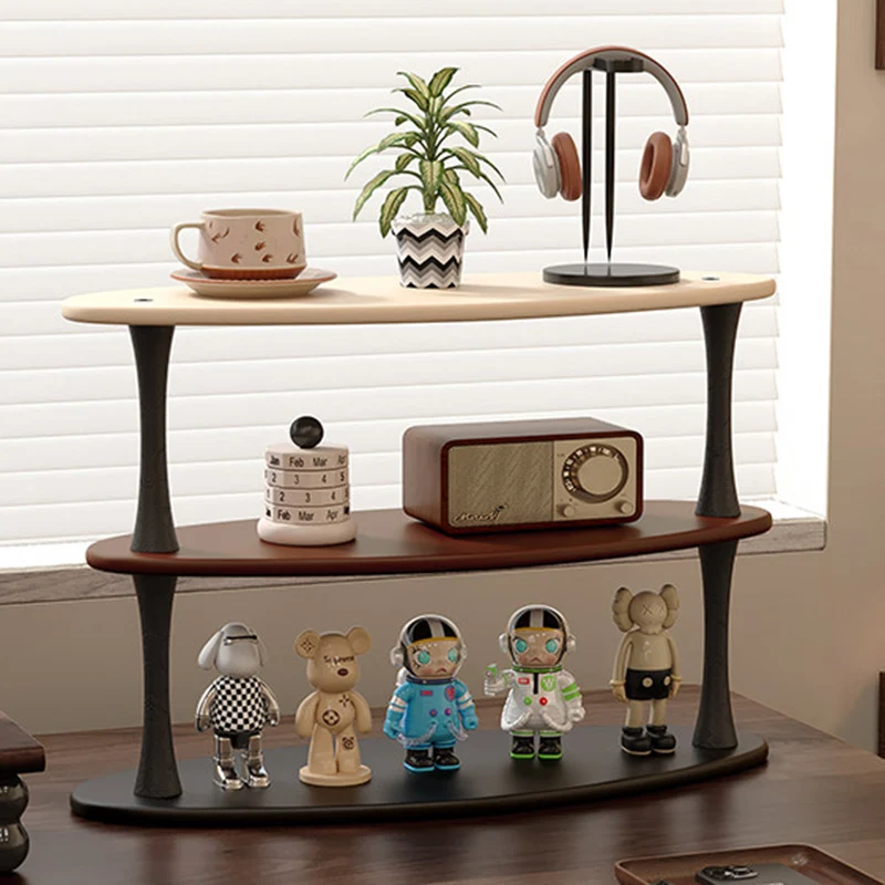 Contemporary Retro Rubberwood MDF Oval Lightweight Desktop Storage Shelf 3-Layer For Living Room & Entryway