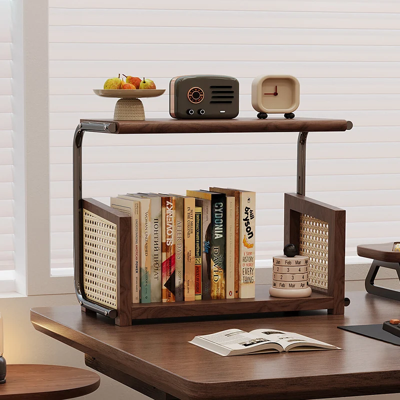 Traditional Rustic Walnut Wood Stainless Steel PVC Rattan Weaving C-Shaped Storage Shelf 2-Tier Organizer For Dining Room & Entryway