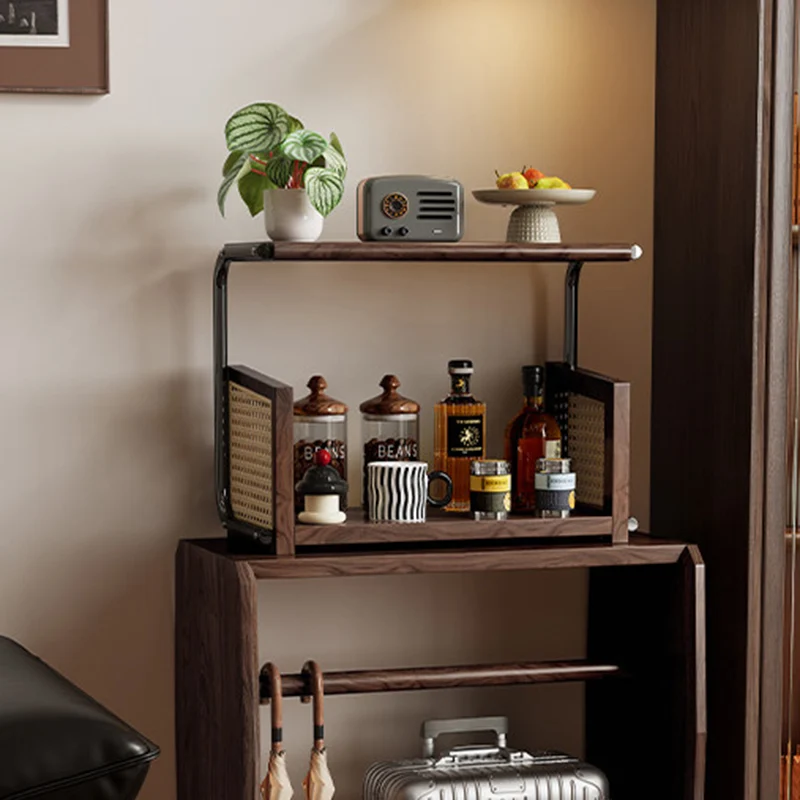Traditional Rustic Walnut Wood Stainless Steel PVC Rattan Weaving C-Shaped Storage Shelf 2-Tier Organizer For Dining Room & Entryway