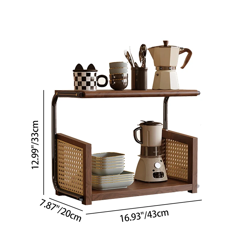 Traditional Rustic Walnut Wood Stainless Steel PVC Rattan Weaving C-Shaped Storage Shelf 2-Tier Organizer For Dining Room & Entryway