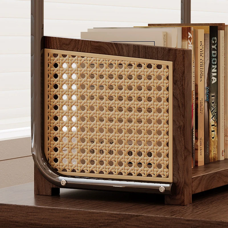 Traditional Rustic Walnut Wood Stainless Steel PVC Rattan Weaving C-Shaped Storage Shelf 2-Tier Organizer For Dining Room & Entryway