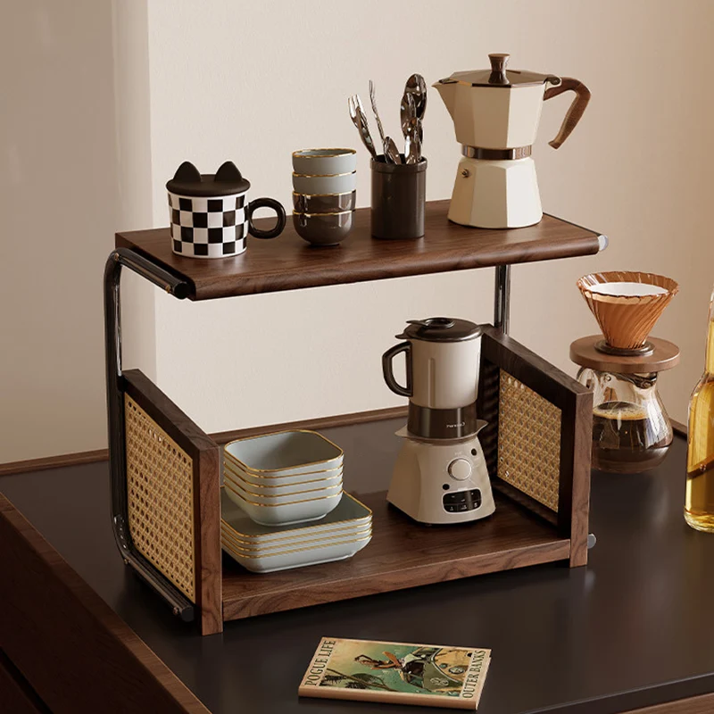 Traditional Rustic Walnut Wood Stainless Steel PVC Rattan Weaving C-Shaped Storage Shelf 2-Tier Organizer For Dining Room & Entryway