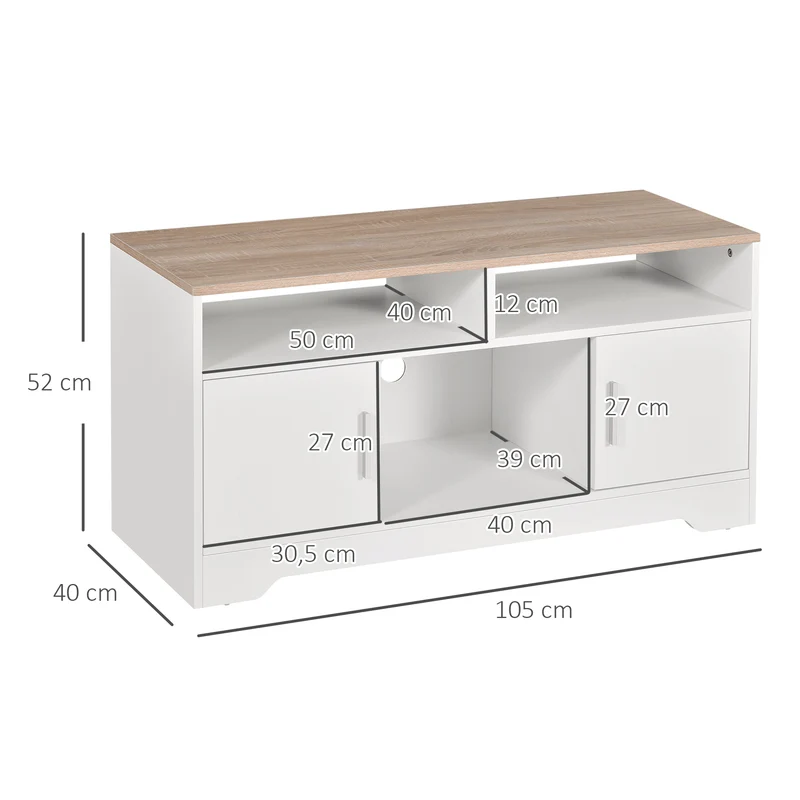 Meuble télévision 105 x 40 x 52 cm grand rangement portes et compartiments style moderne en panneau de particules blanc 21_0001787