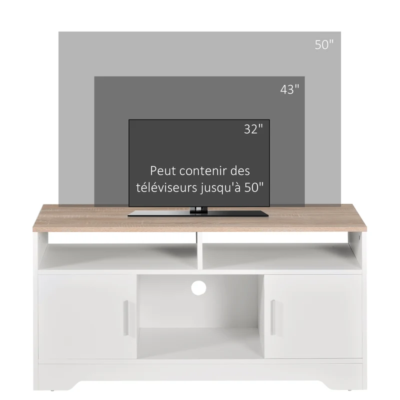 Meuble télévision 105 x 40 x 52 cm grand rangement portes et compartiments style moderne en panneau de particules blanc 21_0001787