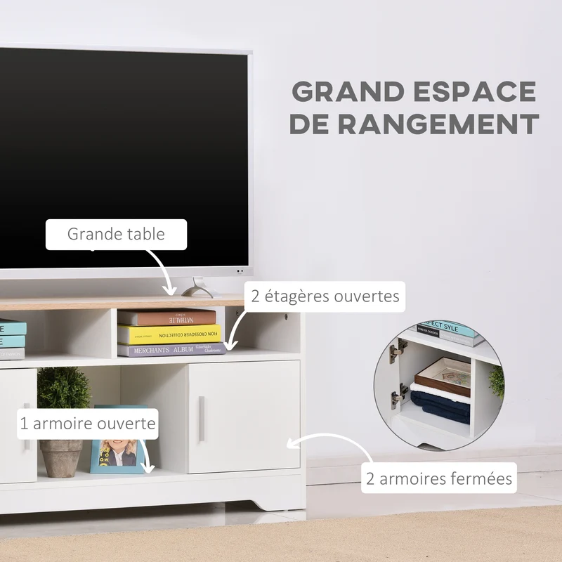 Meuble télévision 105 x 40 x 52 cm grand rangement portes et compartiments style moderne en panneau de particules blanc 21_0001787