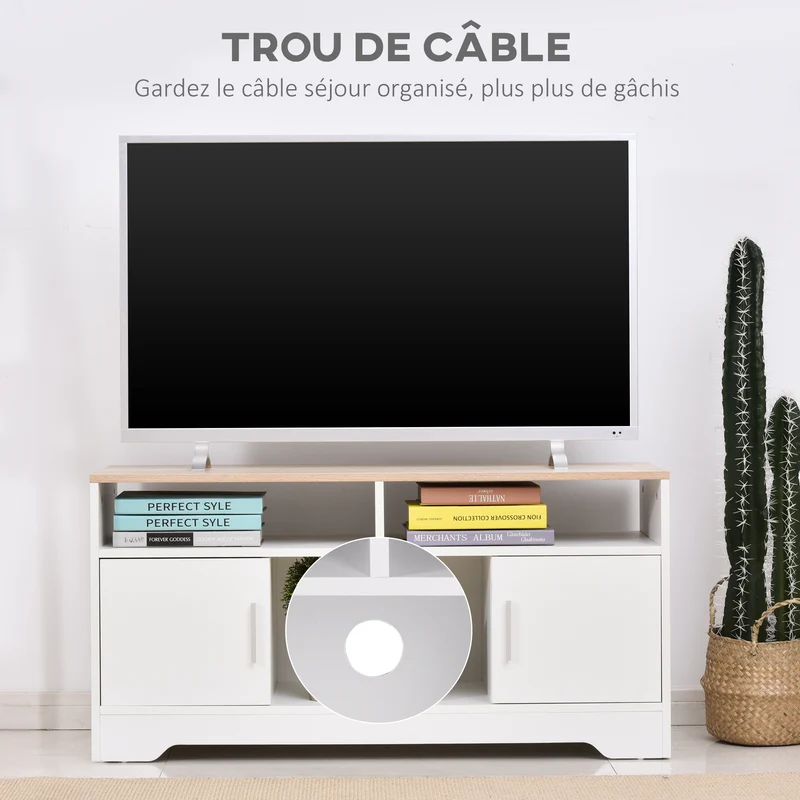 Meuble télévision 105 x 40 x 52 cm grand rangement portes et compartiments style moderne en panneau de particules blanc 21_0001787