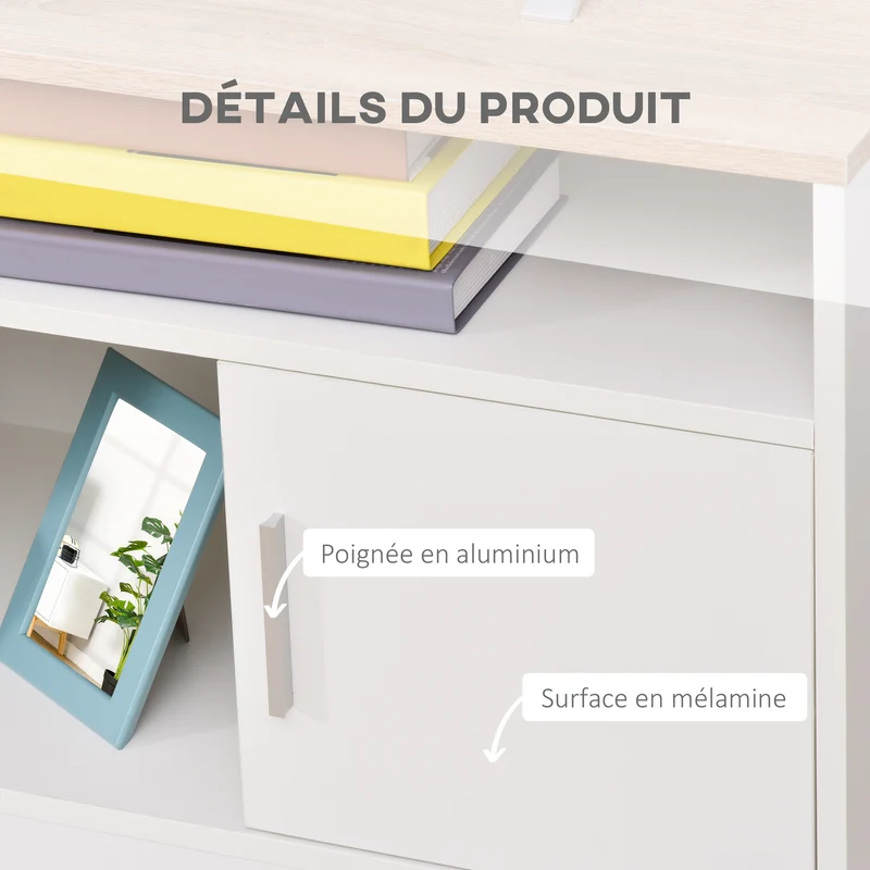 Meuble télévision 105 x 40 x 52 cm grand rangement portes et compartiments style moderne en panneau de particules blanc 21_0001787