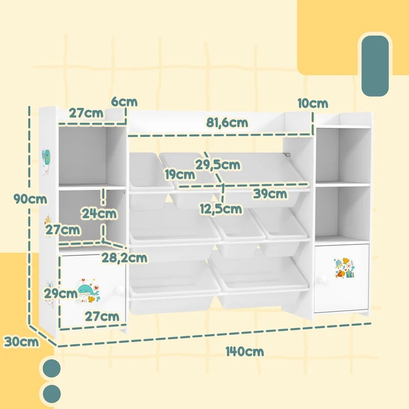 Meuble rangement enfant étagère à livres 140 x 30 x 90 cm 8 bacs placard intégré coins arrondis design épuré en MDF blanc 21_0000162
