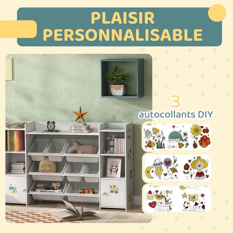 Meuble rangement enfant étagère à livres 140 x 30 x 90 cm 8 bacs placard intégré coins arrondis design épuré en MDF blanc 21_0000162