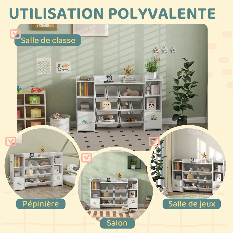 Meuble rangement enfant étagère à livres 140 x 30 x 90 cm 8 bacs placard intégré coins arrondis design épuré en MDF blanc 21_0000162