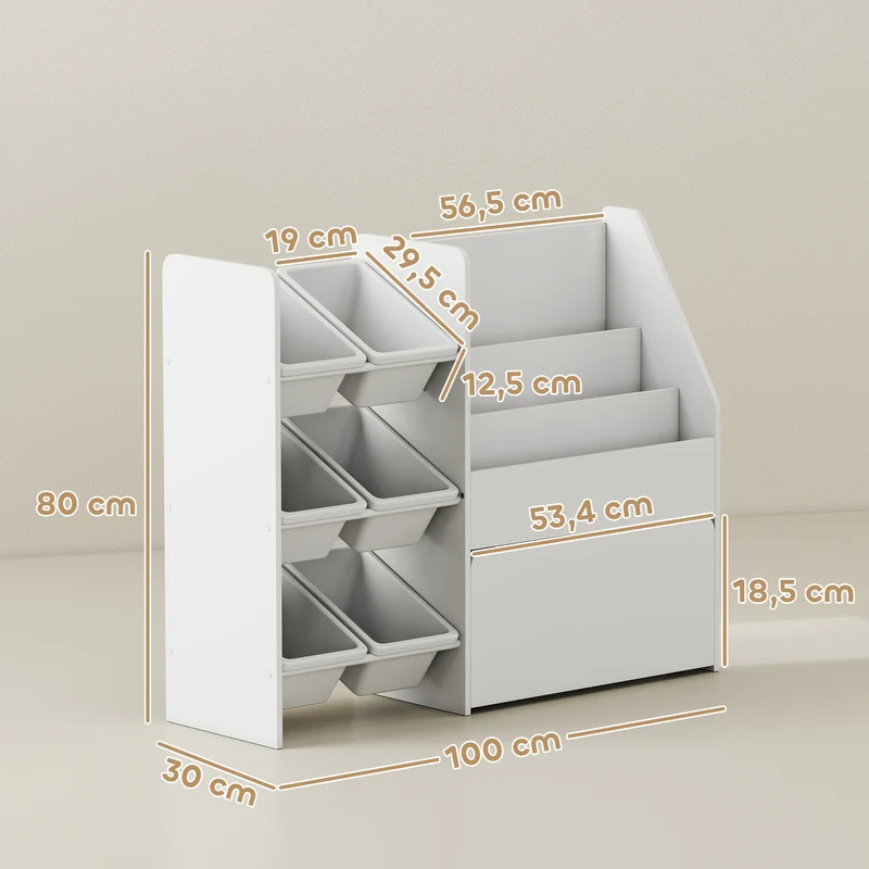 Meuble rangement enfant 100 x 30 x 80 cm 6 bacs et coffre roulant éducatif scandinave compact coins arrondis en MDF blanc 21_0000176