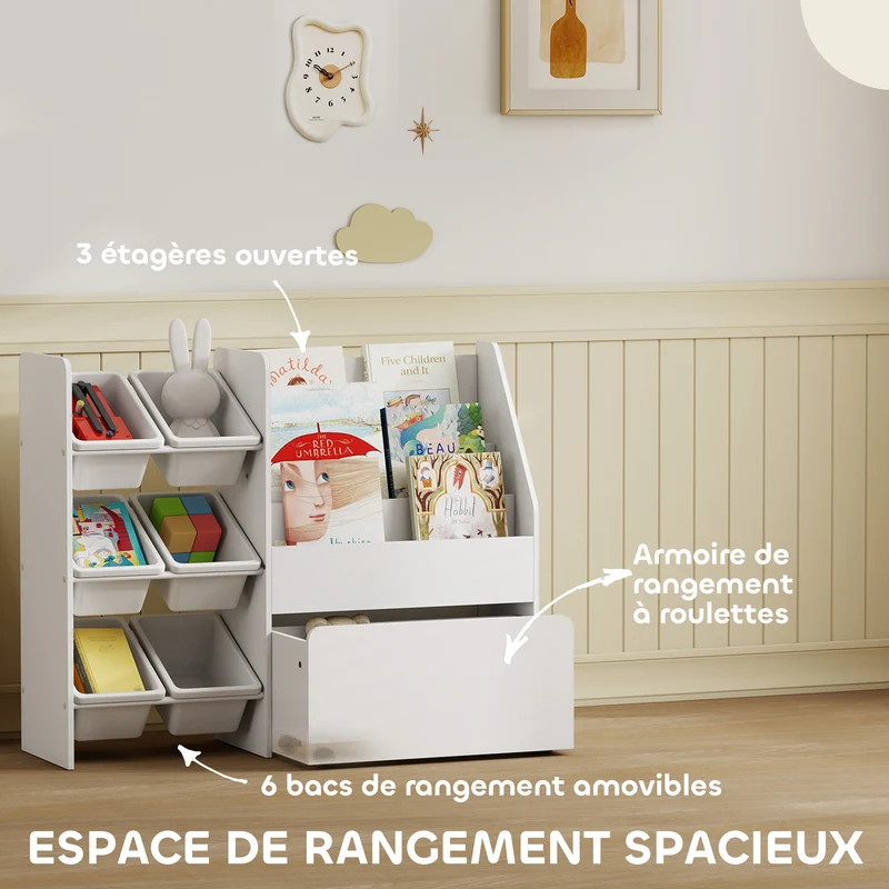 Meuble rangement enfant 100 x 30 x 80 cm 6 bacs et coffre roulant éducatif scandinave compact coins arrondis en MDF blanc 21_0000176