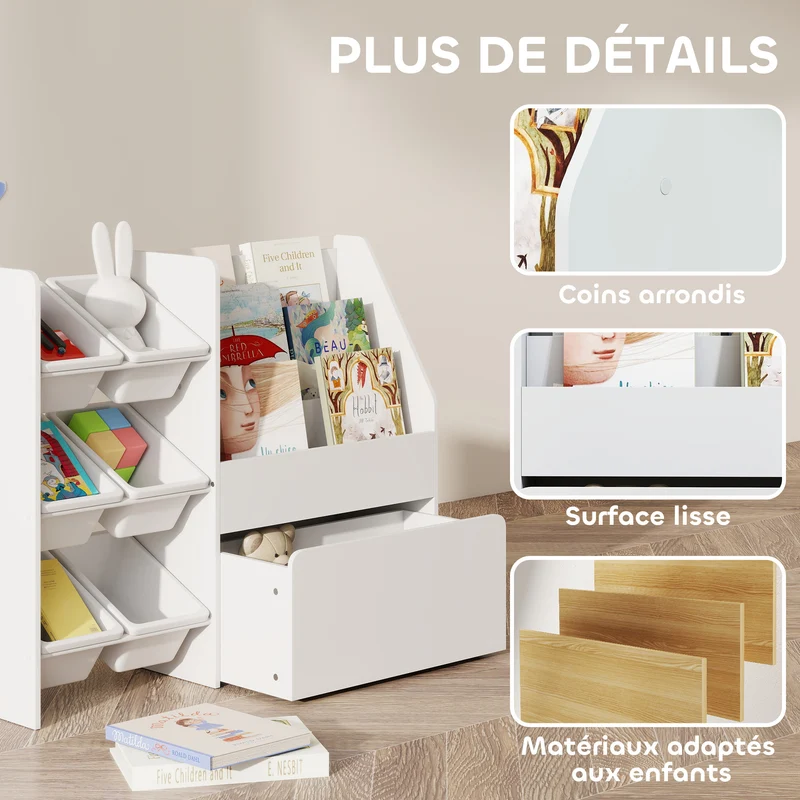 Meuble rangement enfant 100 x 30 x 80 cm 6 bacs et coffre roulant éducatif scandinave compact coins arrondis en MDF blanc 21_0000176