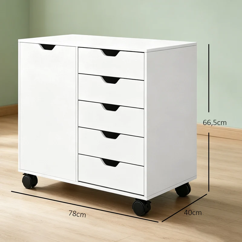 Meuble rangement bureau 78 x 40 x 66.5 cm 5 tiroirs sur roulettes contemporain épuré en panneau de particules blanc 21_0002882