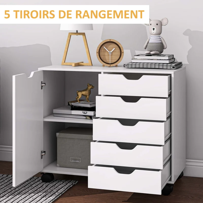 Meuble rangement bureau 78 x 40 x 66.5 cm 5 tiroirs sur roulettes contemporain épuré en panneau de particules blanc 21_0002882