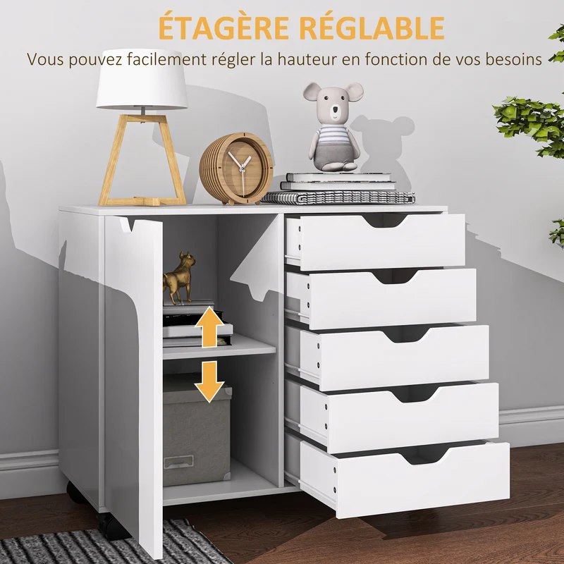 Meuble rangement bureau 78 x 40 x 66.5 cm 5 tiroirs sur roulettes contemporain épuré en panneau de particules blanc 21_0002882