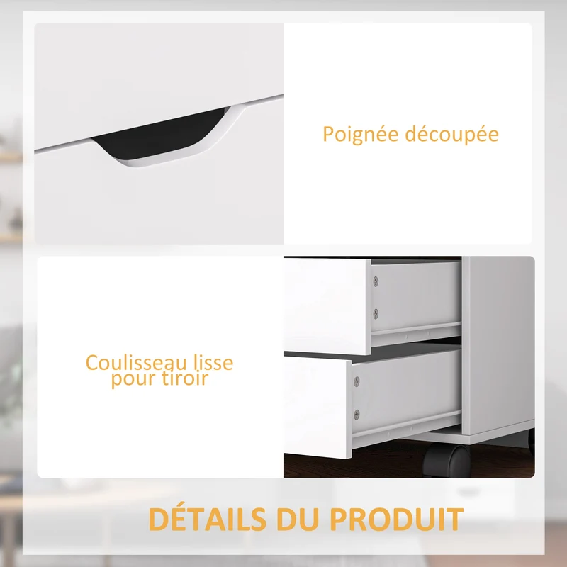 Meuble rangement bureau 78 x 40 x 66.5 cm 5 tiroirs sur roulettes contemporain épuré en panneau de particules blanc 21_0002882