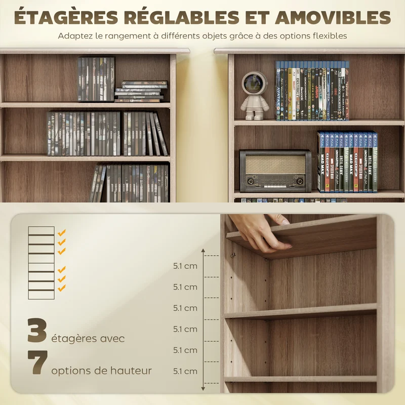 Meuble de rangement cd et dvd 58 x 24 x 126.3 cm gain de place sécurisé scandinave en panneau de particules bois naturel 21_0002520