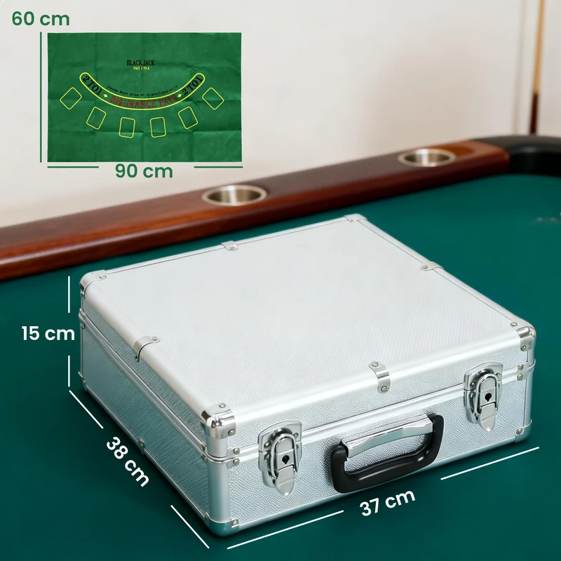Mallette de poker complète 38 x 37 x 15 cm pour 10 joueurs 500 jetons kit soirée casino moderne cosy léger en abs argent 21_0006663