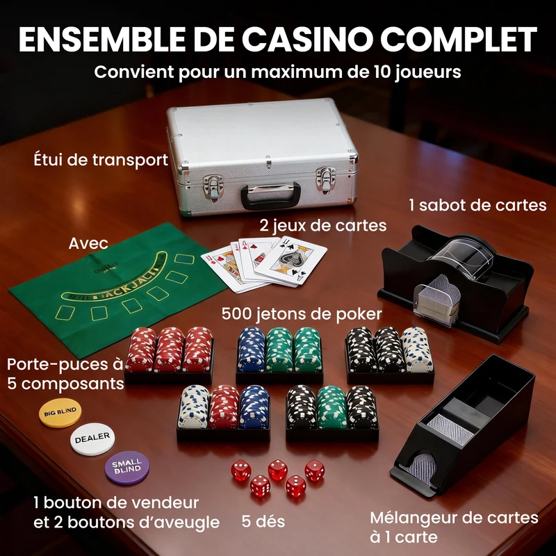 Mallette de poker complète 38 x 37 x 15 cm pour 10 joueurs 500 jetons kit soirée casino moderne cosy léger en abs argent 21_0006663