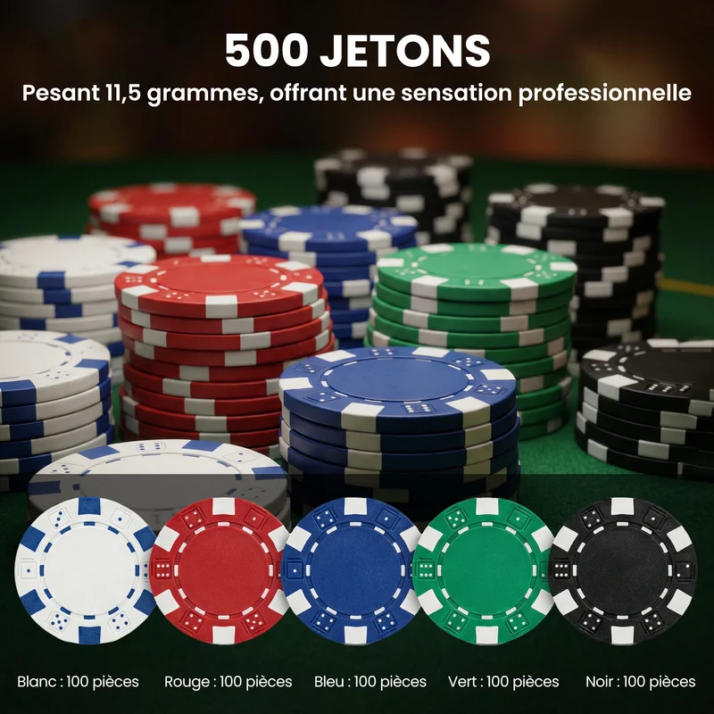 Mallette de poker complète 38 x 37 x 15 cm pour 10 joueurs 500 jetons kit soirée casino moderne cosy léger en abs argent 21_0006663