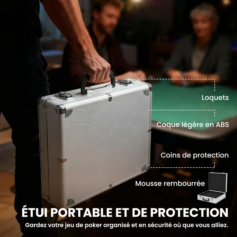 Mallette de poker complète 38 x 37 x 15 cm pour 10 joueurs 500 jetons kit soirée casino moderne cosy léger en abs argent 21_0006663