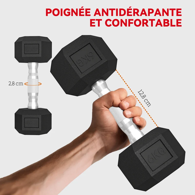 Lot de 7 ensemble d'haltères hexagonaux avec support 34 x 10 x 32 cm antidérapant silencieux moderne en caoutchouc noir 21_0006871