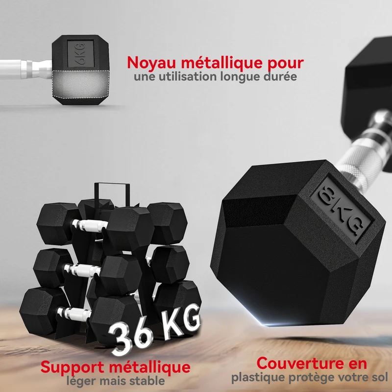 Lot de 7 ensemble d'haltères hexagonaux avec support 34 x 10 x 32 cm antidérapant silencieux moderne en caoutchouc noir 21_0006871