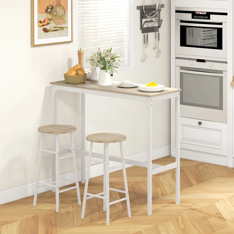 Lot de 3 pièces table haute et 2 tabourets de bar 105 x 40 x 90 cm gain de place assise confortable moderne en MDF blanc 21_0003208