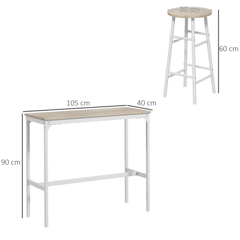 Lot de 3 pièces table haute et 2 tabourets de bar 105 x 40 x 90 cm gain de place assise confortable moderne en MDF blanc 21_0003208