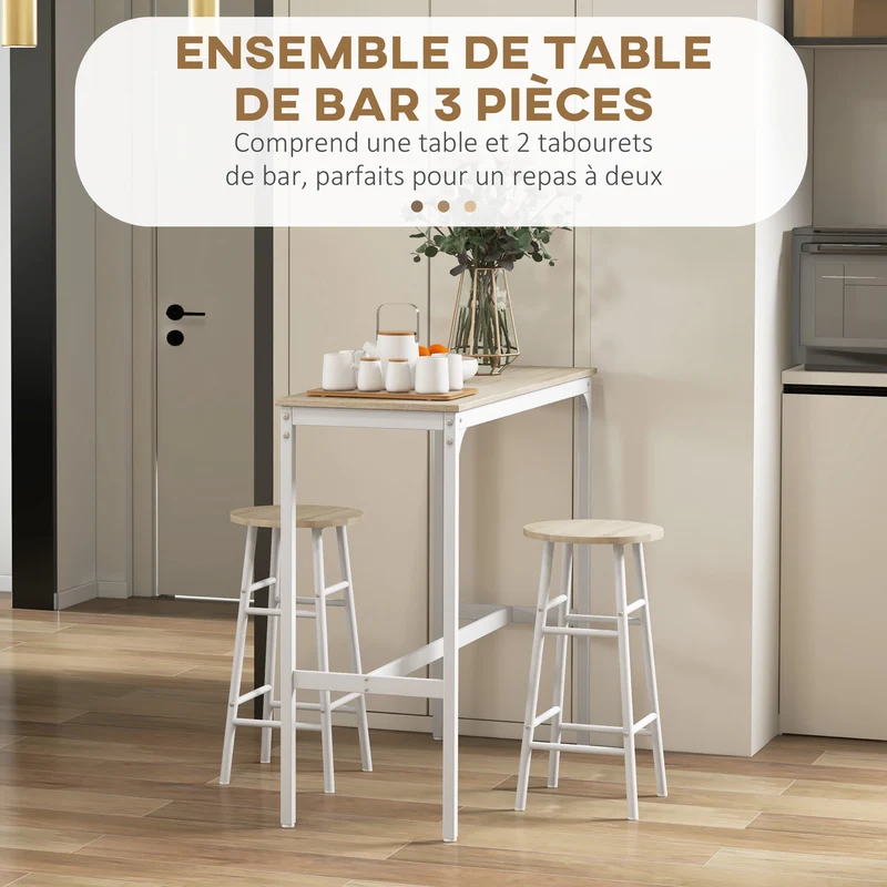 Lot de 3 pièces table haute et 2 tabourets de bar 105 x 40 x 90 cm gain de place assise confortable moderne en MDF blanc 21_0003208