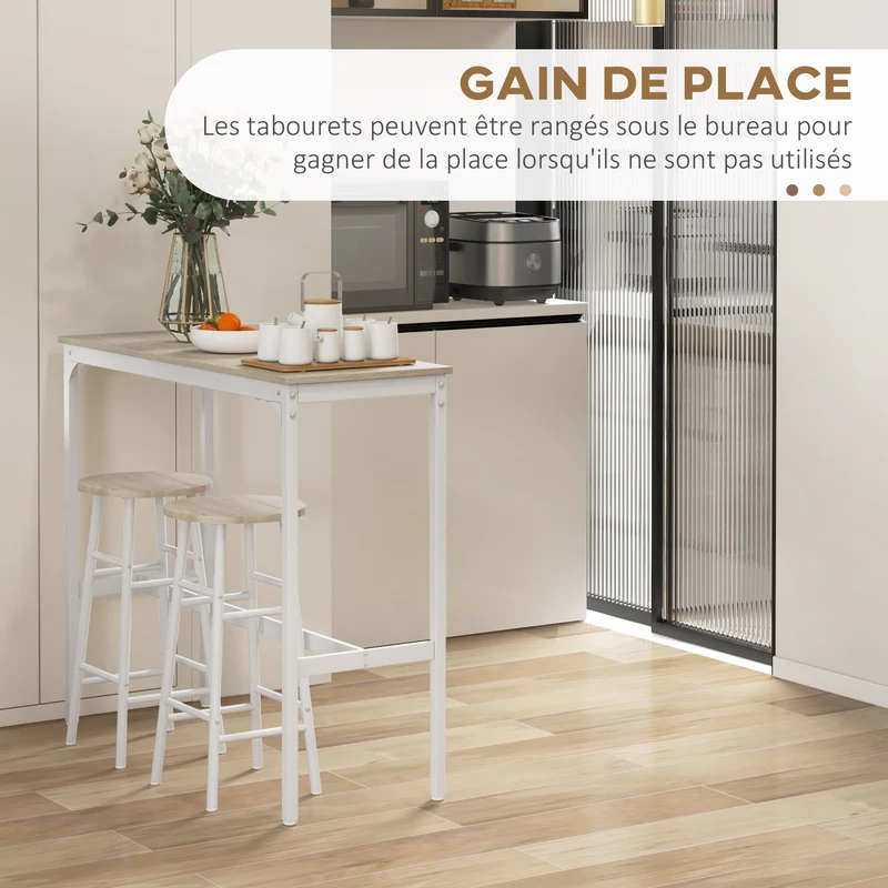 Lot de 3 pièces table haute et 2 tabourets de bar 105 x 40 x 90 cm gain de place assise confortable moderne en MDF blanc 21_0003208