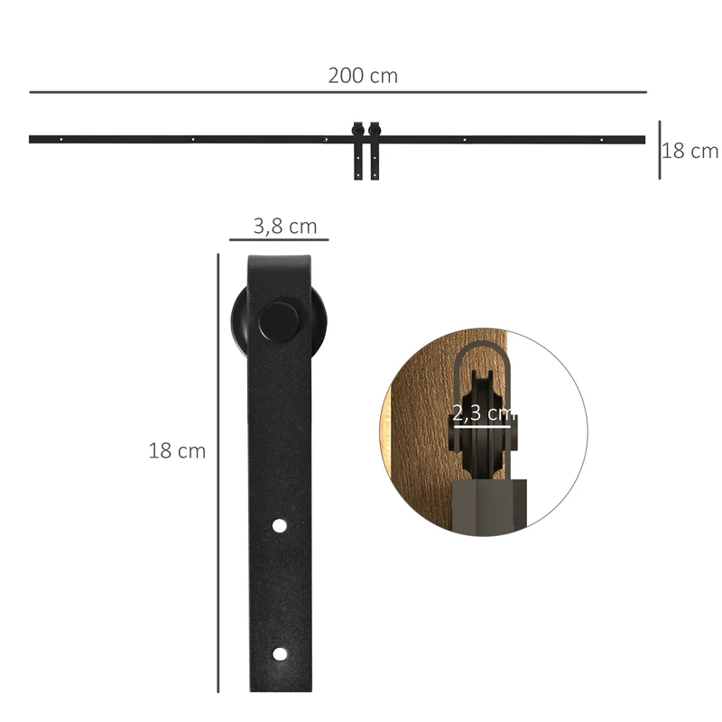 Kit quincaillerie porte coulissante 200 x 0,4 x 18 cm pose facile support 20 kg industriel en acier au carbone noir 21_0007143